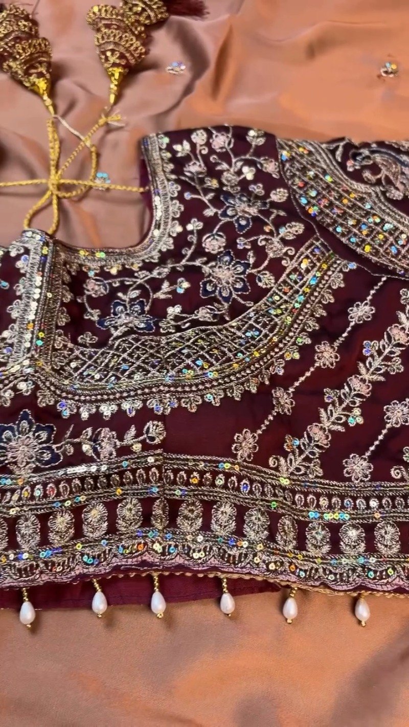 Midnight Maroon Heavily Embellished Silk Blouse & Saree Set - Image 4