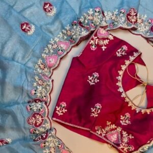Celestial Azure Silk Saree with Intricate Velvet-Accented Embroidery – Paired with Deep Magenta Blouse