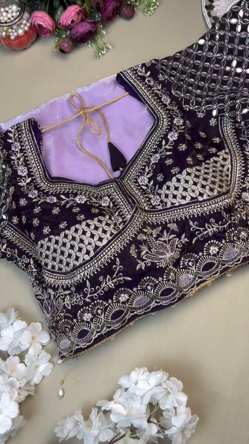 Opulent Velvet Mirror-Work Blouse & Organza Saree Set - Image 2