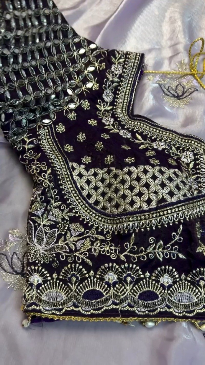 Opulent Velvet Mirror-Work Blouse & Organza Saree Set - Image 5