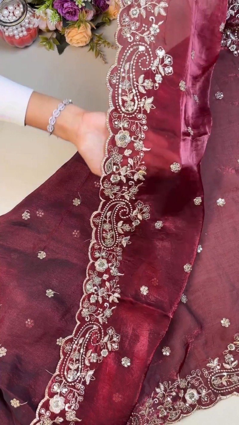 Regal Maroon Hand-Embellished Silk Saree with Heavy Zardosi Work – Available in Single Colour - Image 5