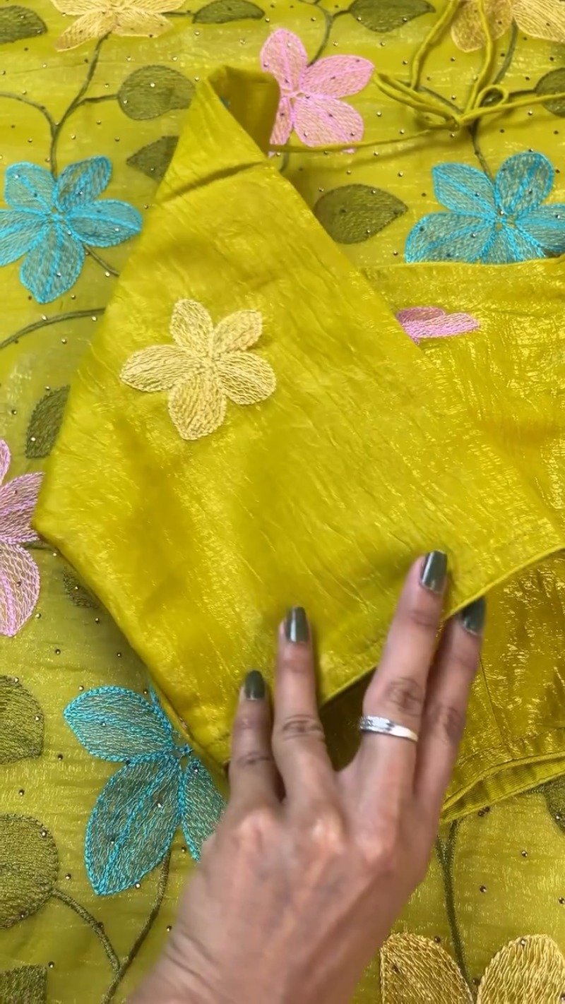 Radiant Lime Green Floral Embroidered Organza Saree Set - Image 4