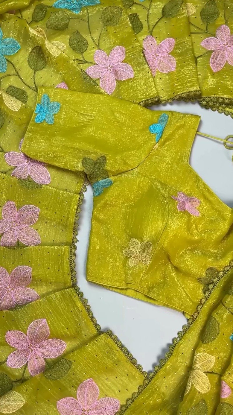 Radiant Lime Green Floral Embroidered Organza Saree Set - Image 5