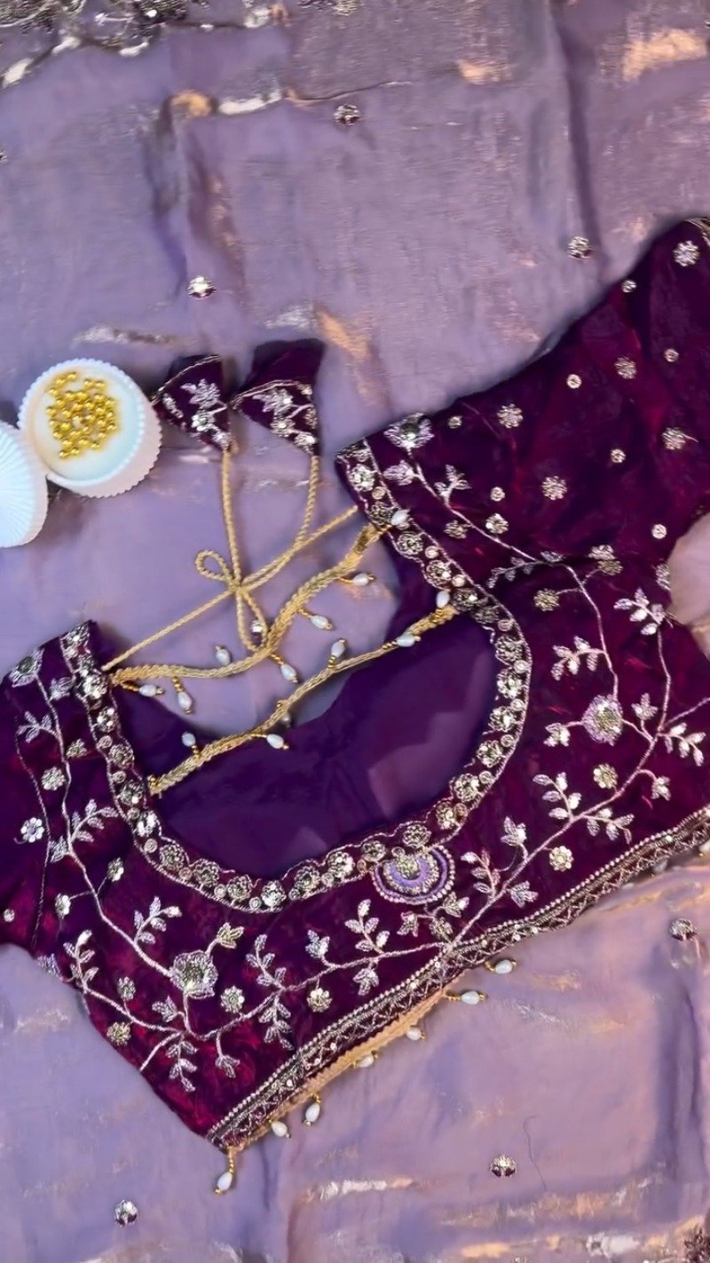 Regal Plum Hand-Embroidered Velvet Blouse & Saree Set