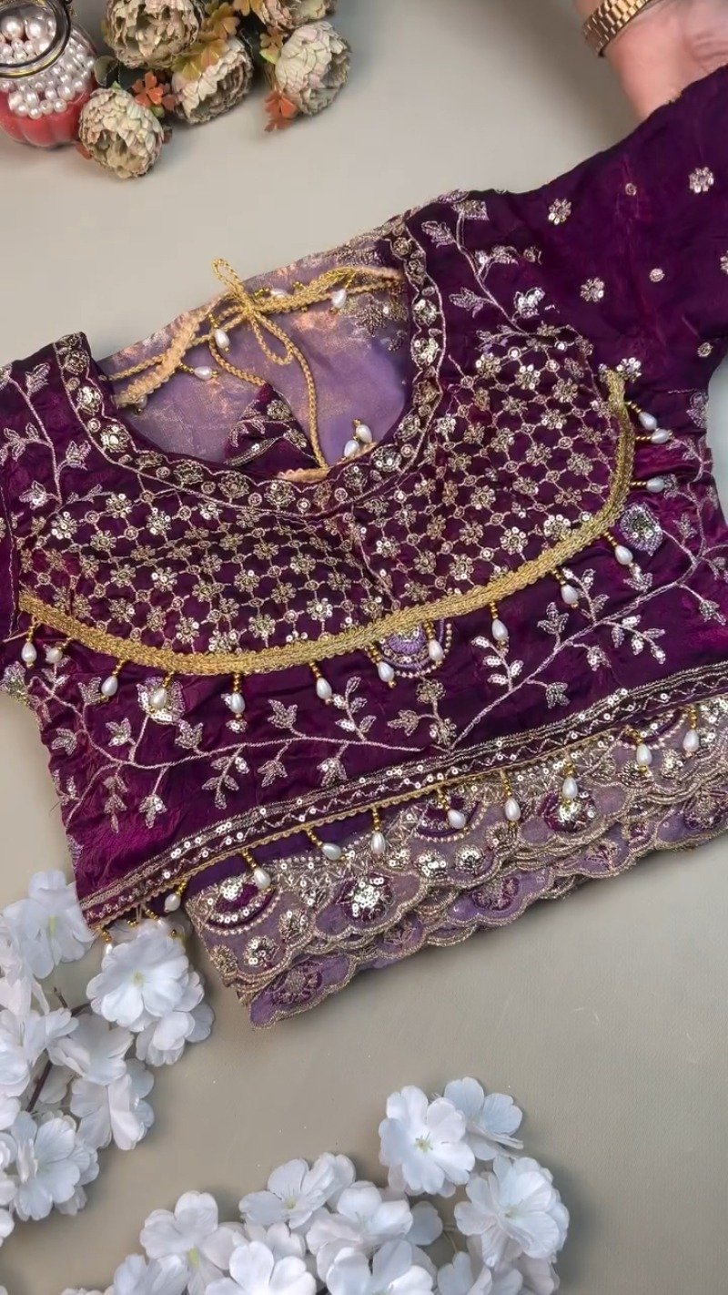 Regal Plum Hand-Embroidered Velvet Blouse & Saree Set - Image 2
