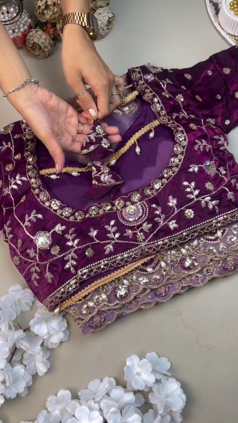 Regal Plum Hand-Embroidered Velvet Blouse & Saree Set - Image 3