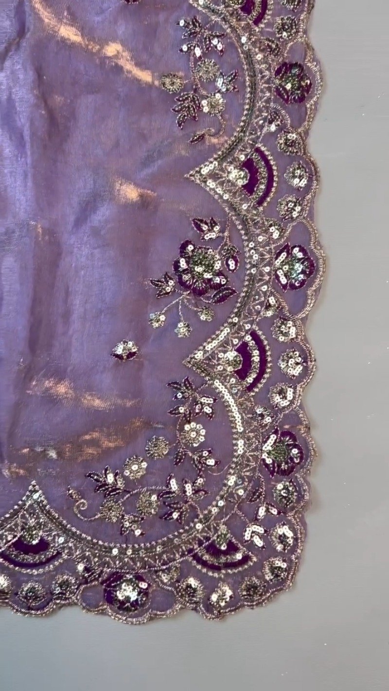 Regal Plum Hand-Embroidered Velvet Blouse & Saree Set - Image 5