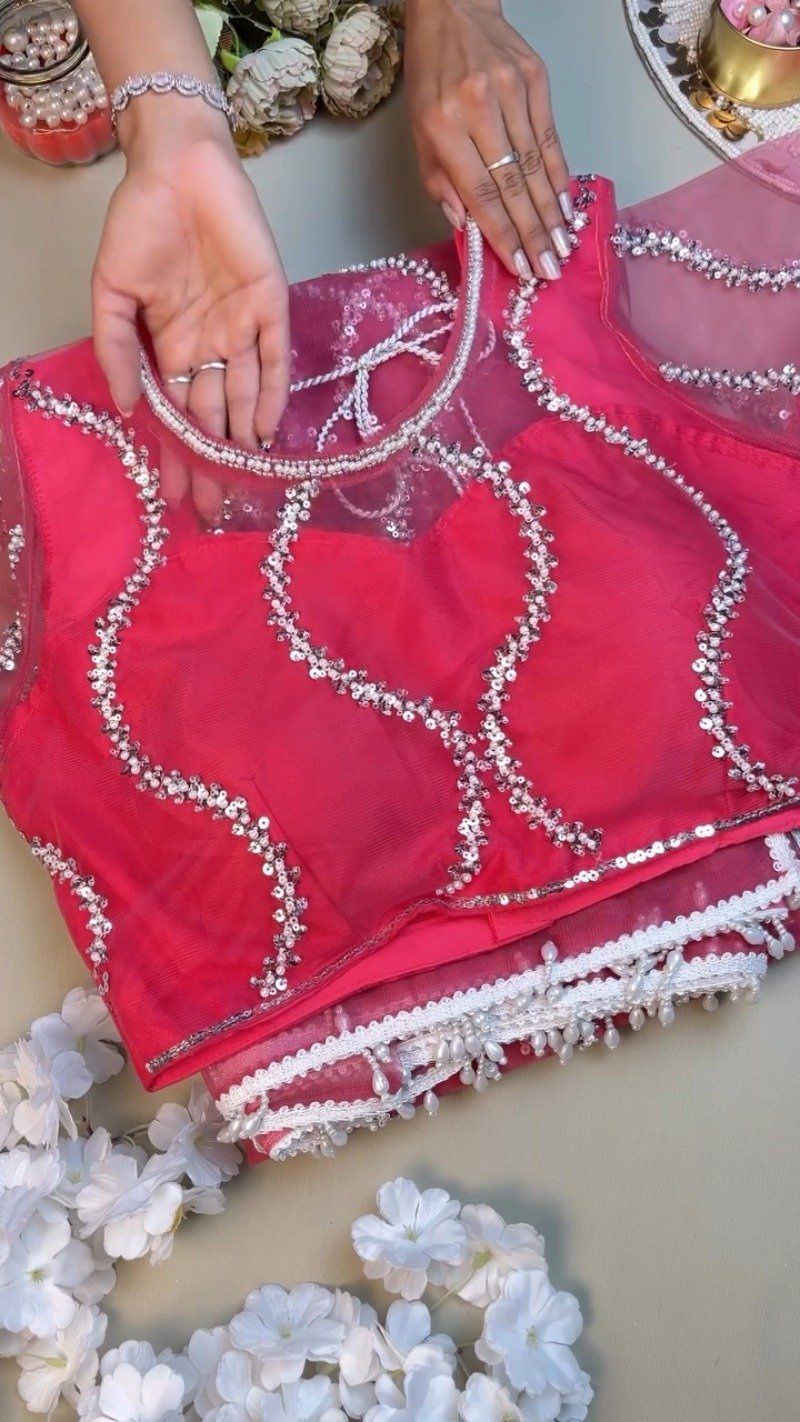 Rosy Radiance Sequinned Net Saree with Embellished Blouse - Image 2