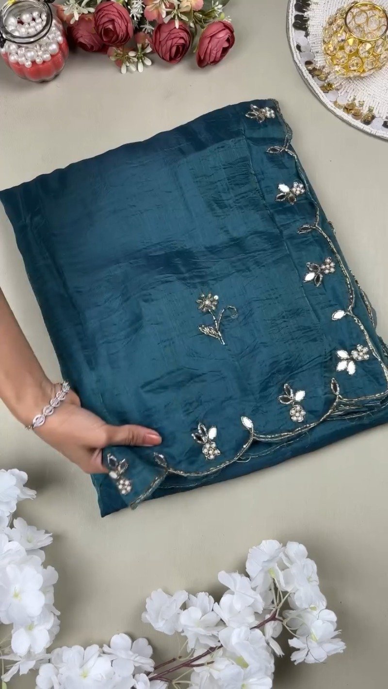 Midnight Teal & Pearl Embellished Organza Saree Ensemble - Image 4