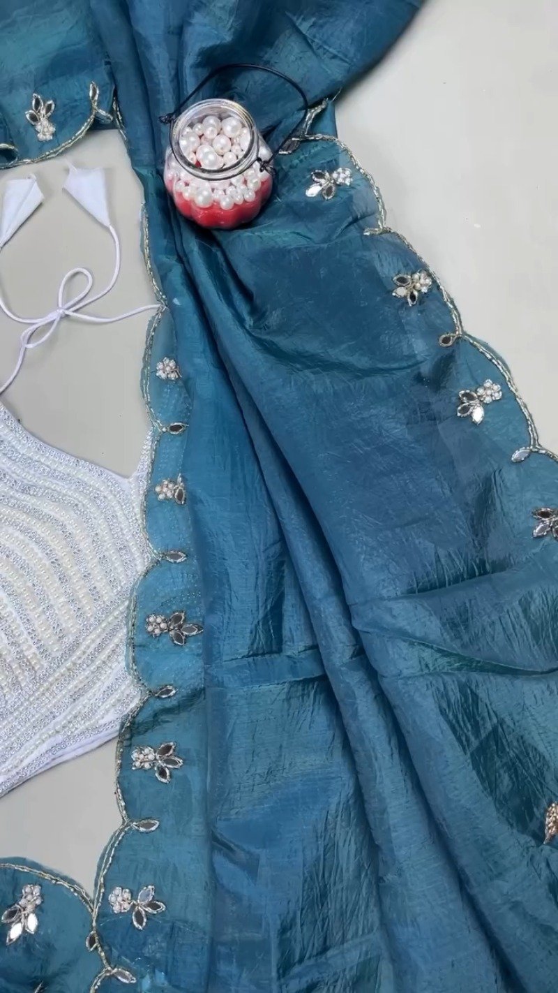 Midnight Teal & Pearl Embellished Organza Saree Ensemble - Image 6
