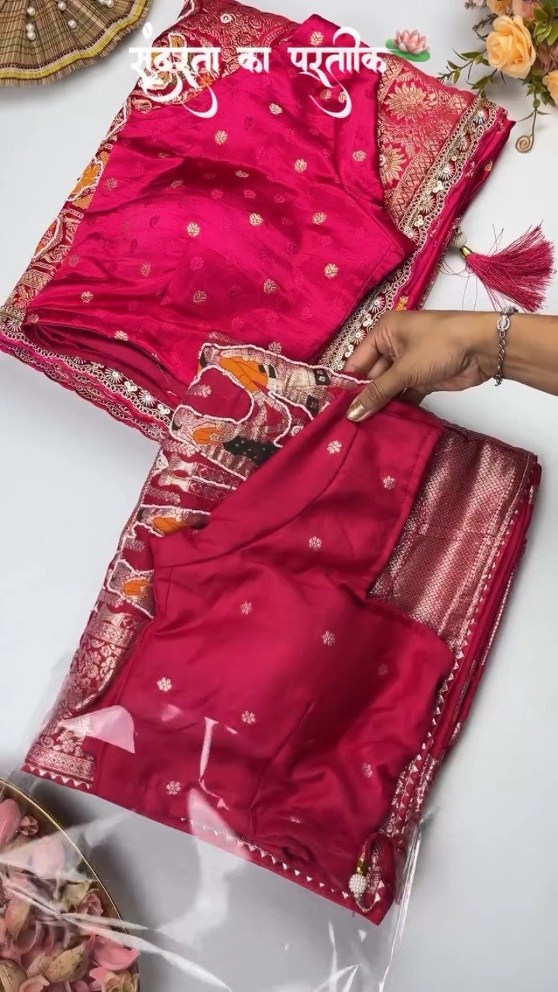 Regal Fuchsia Banarasi Silk Saree with Floral Jaal Embroidery
