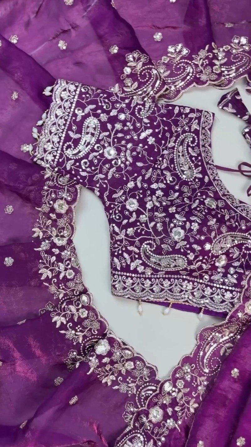 Royal Violet Embroidered Organza Saree and Blouse Set – Ethereal Elegance