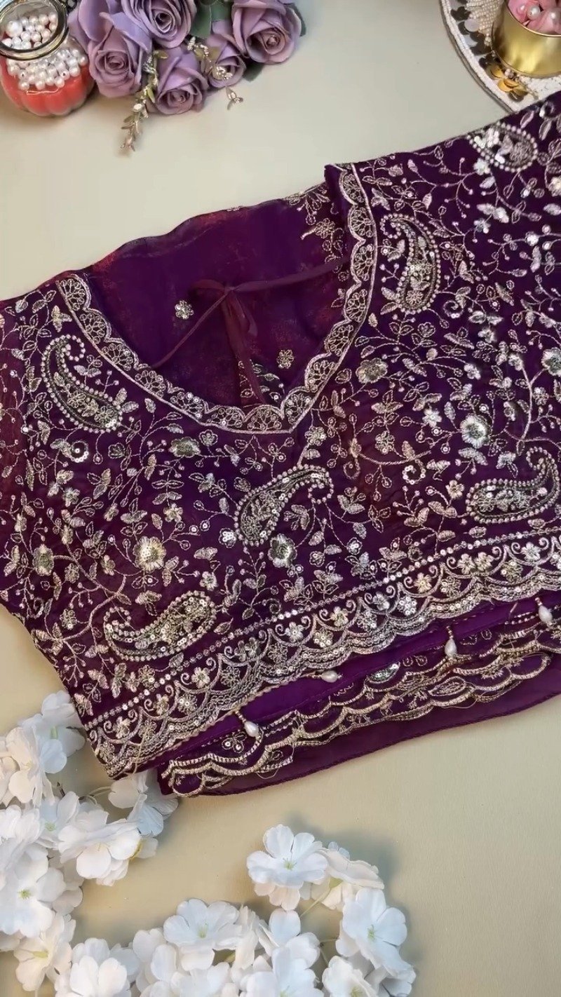 Royal Violet Embroidered Organza Saree and Blouse Set – Ethereal Elegance - Image 2