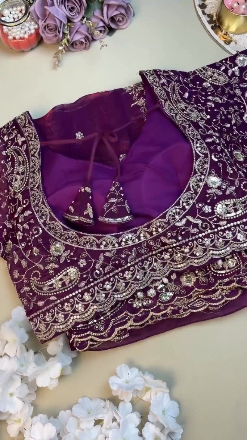 Royal Violet Embroidered Organza Saree and Blouse Set – Ethereal Elegance - Image 3