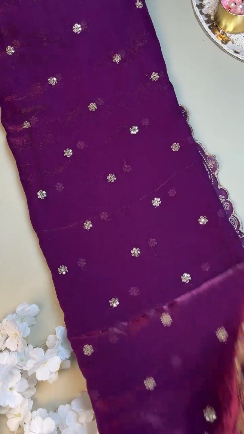 Royal Violet Embroidered Organza Saree and Blouse Set – Ethereal Elegance - Image 4