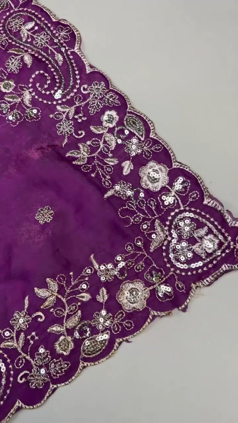 Royal Violet Embroidered Organza Saree and Blouse Set – Ethereal Elegance - Image 5
