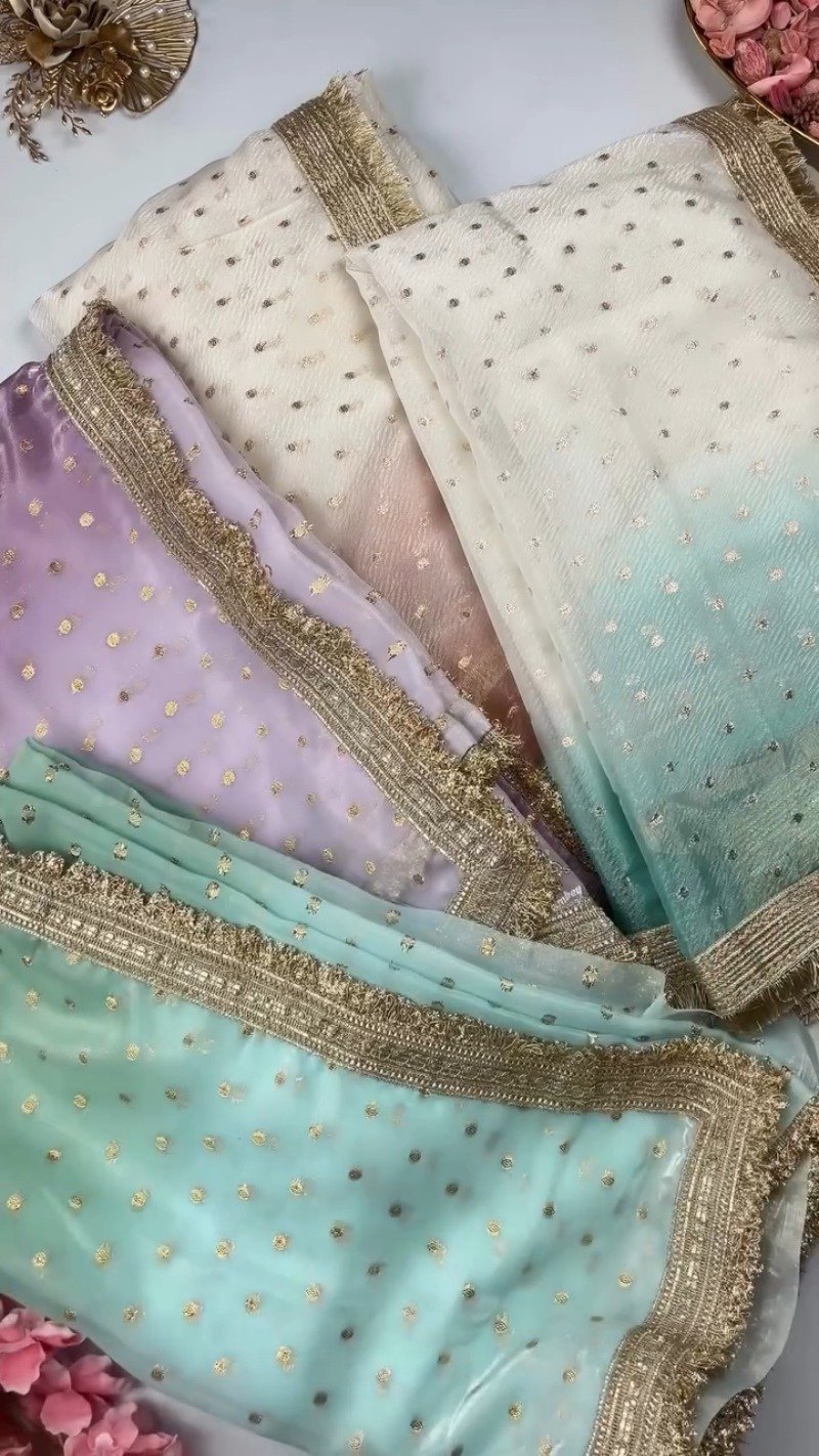 Ethereal Embroidered Ombré Organza Saree – Available in Peach, Lilac, and Mint Green - Image 4