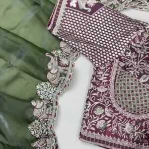 Olive Green Elephant Motif Embroidered Organza Saree & Blouse Set