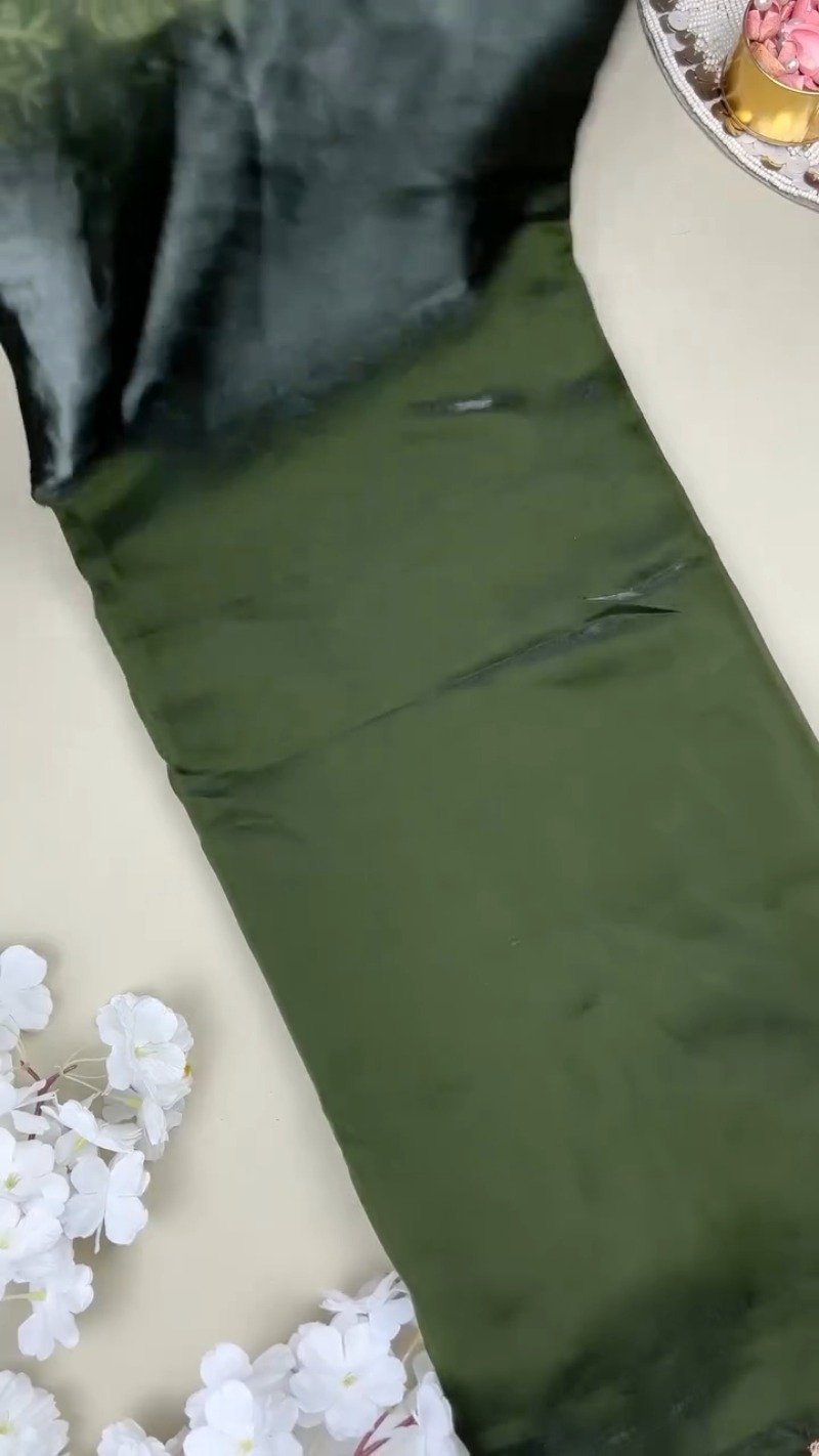 Olive Green Elephant Motif Embroidered Organza Saree & Blouse Set - Image 4