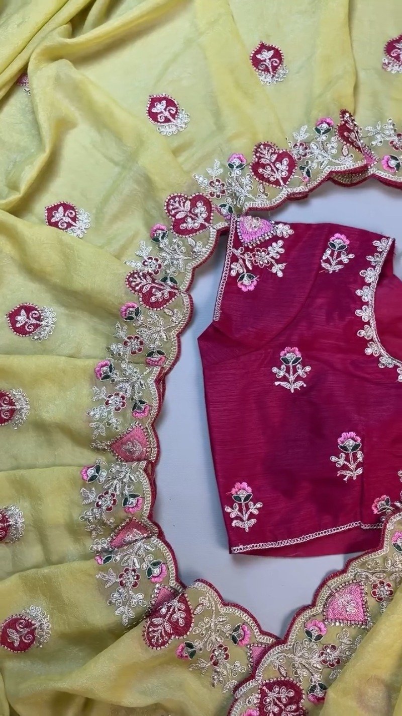 Sunshine Yellow Embellished Saree with Deep Magenta Contrast Blouse – Available in Yellow & Magenta Set