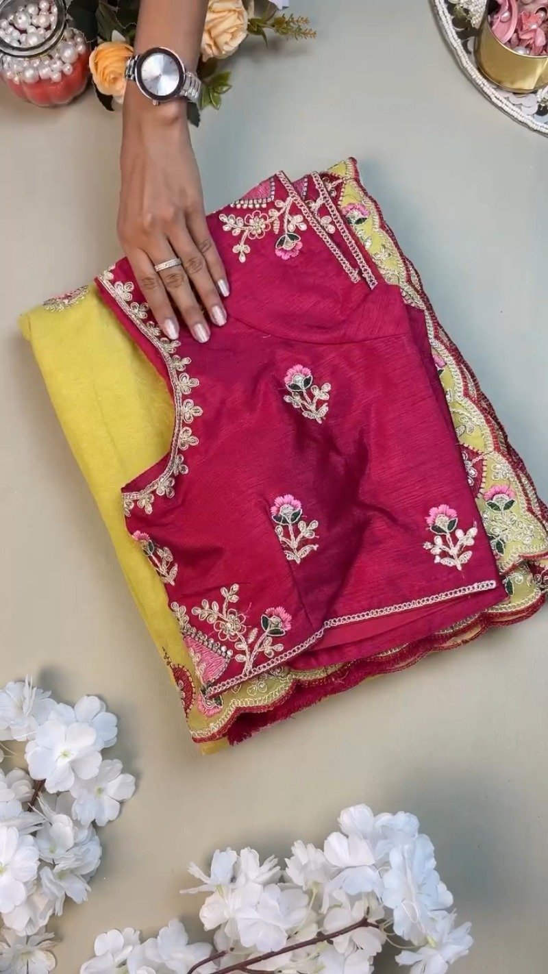 Sunshine Yellow Embellished Saree with Deep Magenta Contrast Blouse – Available in Yellow & Magenta Set - Image 2
