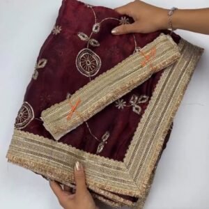 Opulent Floral Embroidered Saree with Antique Zari Borders – Available in Deep Maroon & Elegant Champagne – Available in Deep Maroon & Elegant Champagne