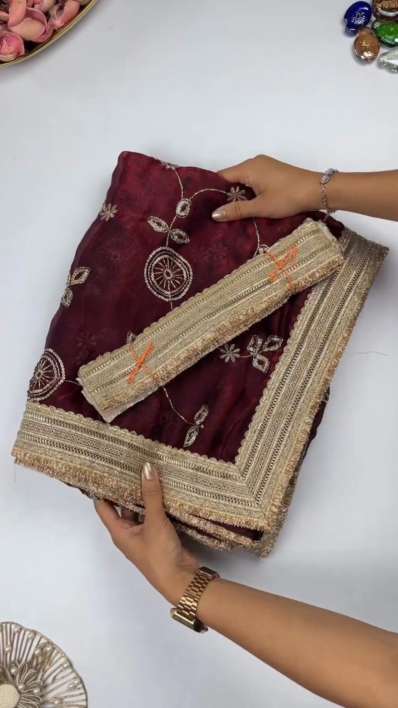 Opulent Floral Embroidered Saree with Antique Zari Borders – Available in Deep Maroon & Elegant Champagne – Available in Deep Maroon & Elegant Champagne