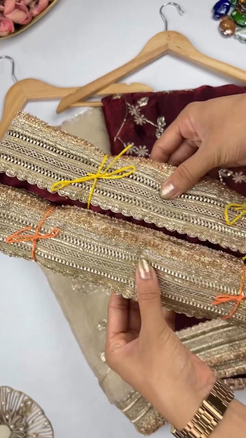 Opulent Floral Embroidered Saree with Antique Zari Borders – Available in Deep Maroon & Elegant Champagne – Available in Deep Maroon & Elegant Champagne - Image 2