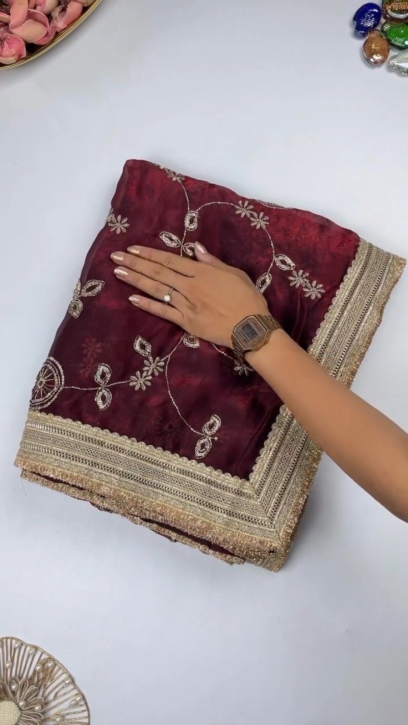 Opulent Floral Embroidered Saree with Antique Zari Borders – Available in Deep Maroon & Elegant Champagne – Available in Deep Maroon & Elegant Champagne - Image 3