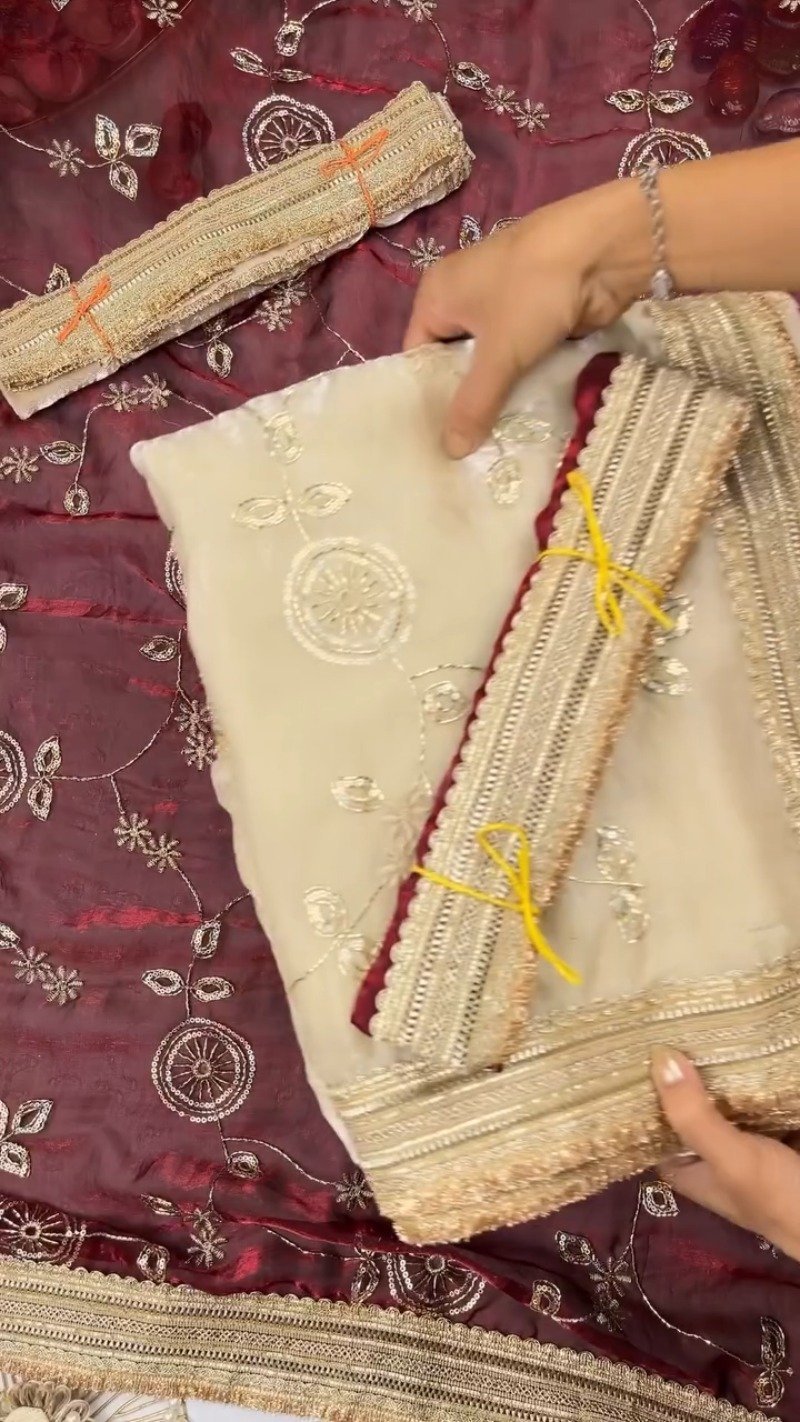 Opulent Floral Embroidered Saree with Antique Zari Borders – Available in Deep Maroon & Elegant Champagne – Available in Deep Maroon & Elegant Champagne - Image 4