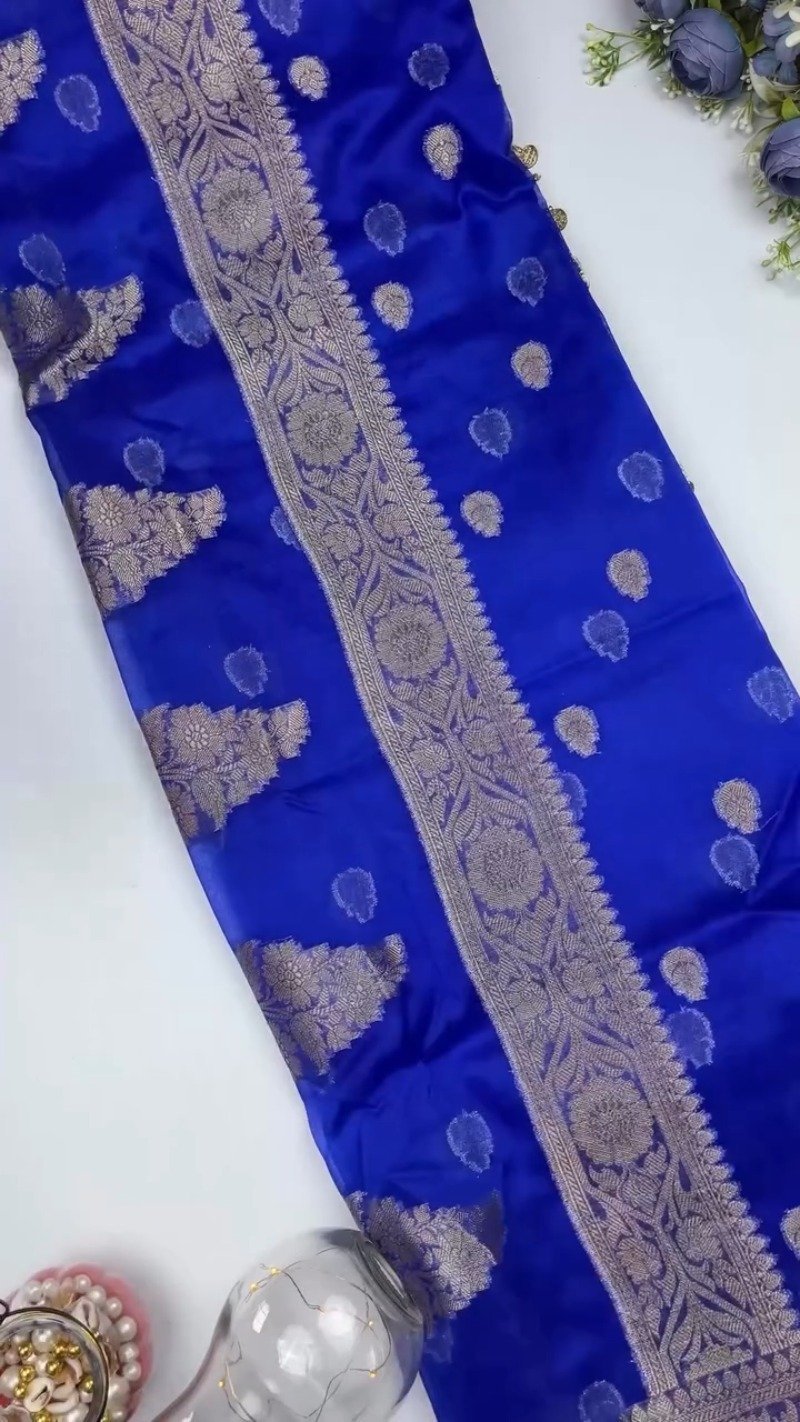 Royal Cobalt Blue Banarasi Silk Saree with Antique Gold Coin Embellishments - Image 2