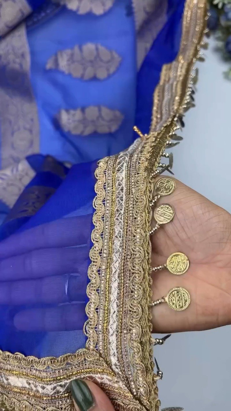 Royal Cobalt Blue Banarasi Silk Saree with Antique Gold Coin Embellishments - Image 4
