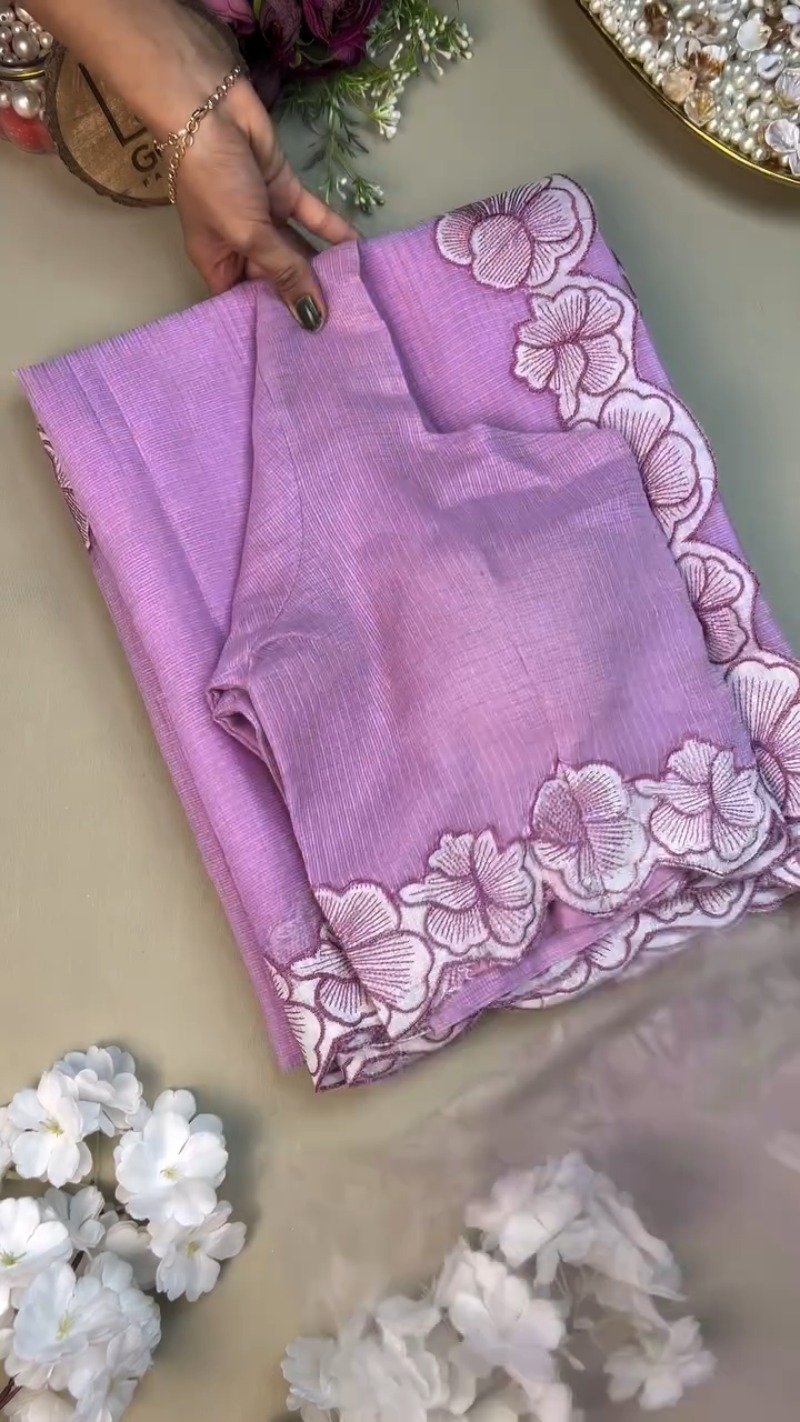 Enchanting Lavender Linen Saree with Scalloped Floral Embroidery