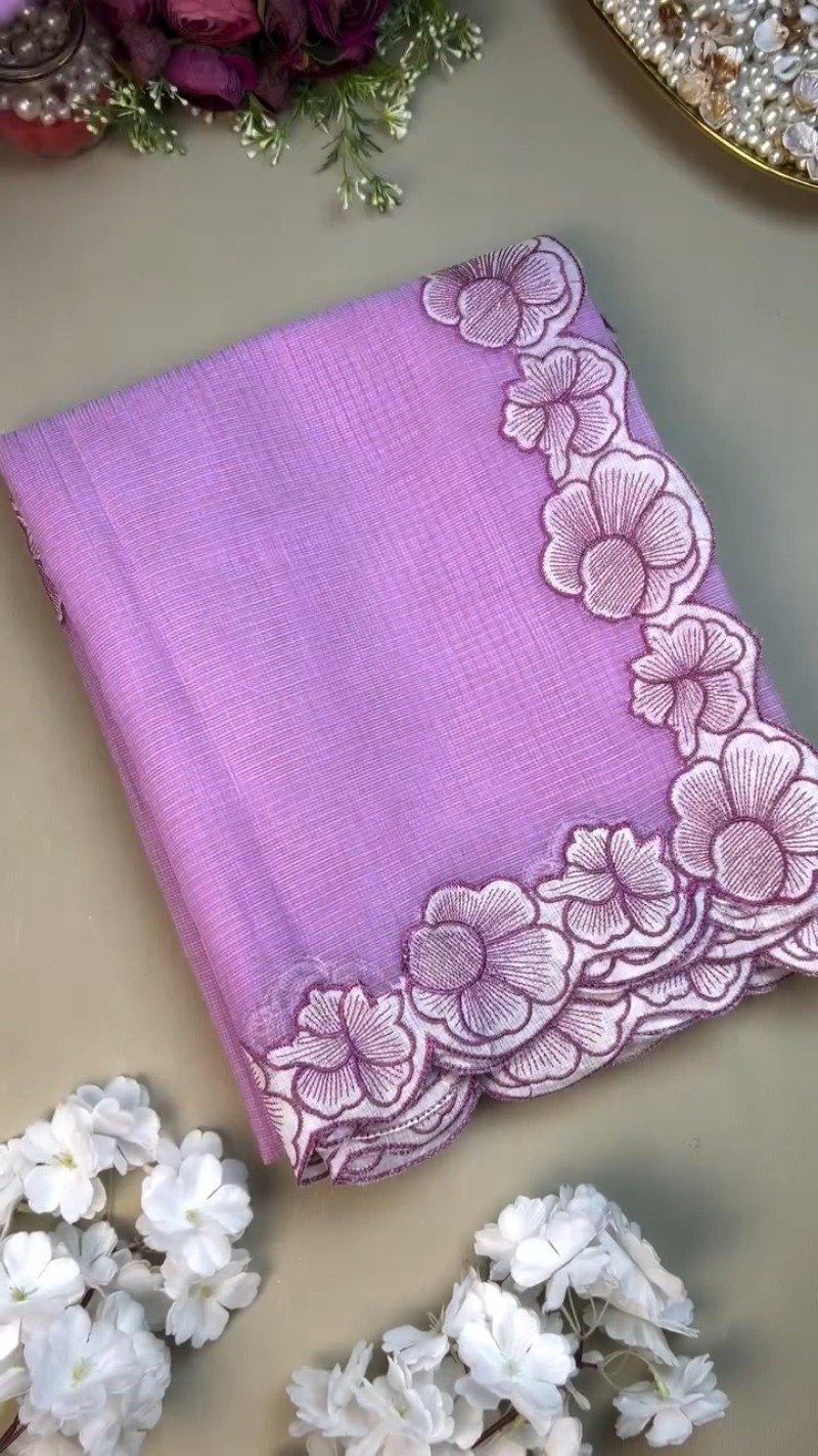 Enchanting Lavender Linen Saree with Scalloped Floral Embroidery - Image 3