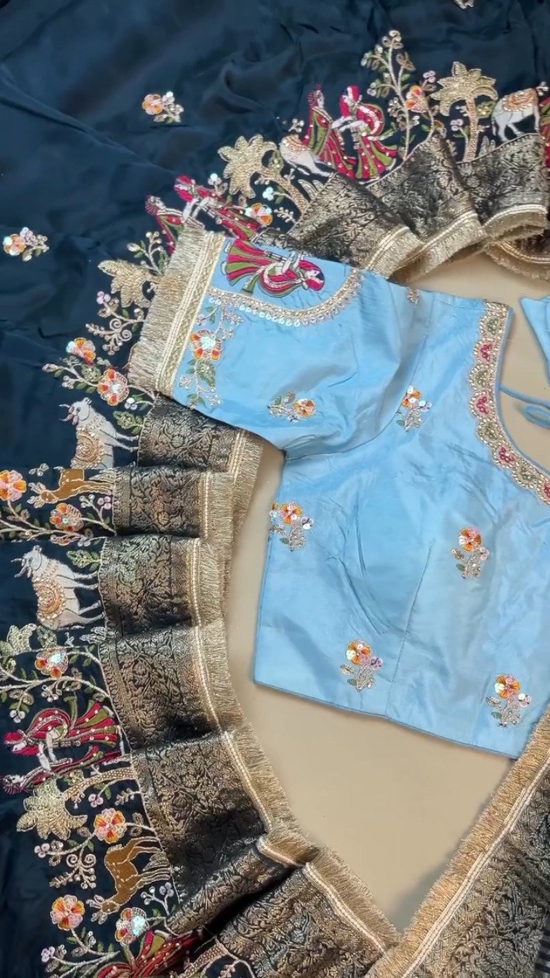 Divine Pichwai Embroidered Midnight Silk Lehenga Set – Available in Midnight Blue & Sky Blue