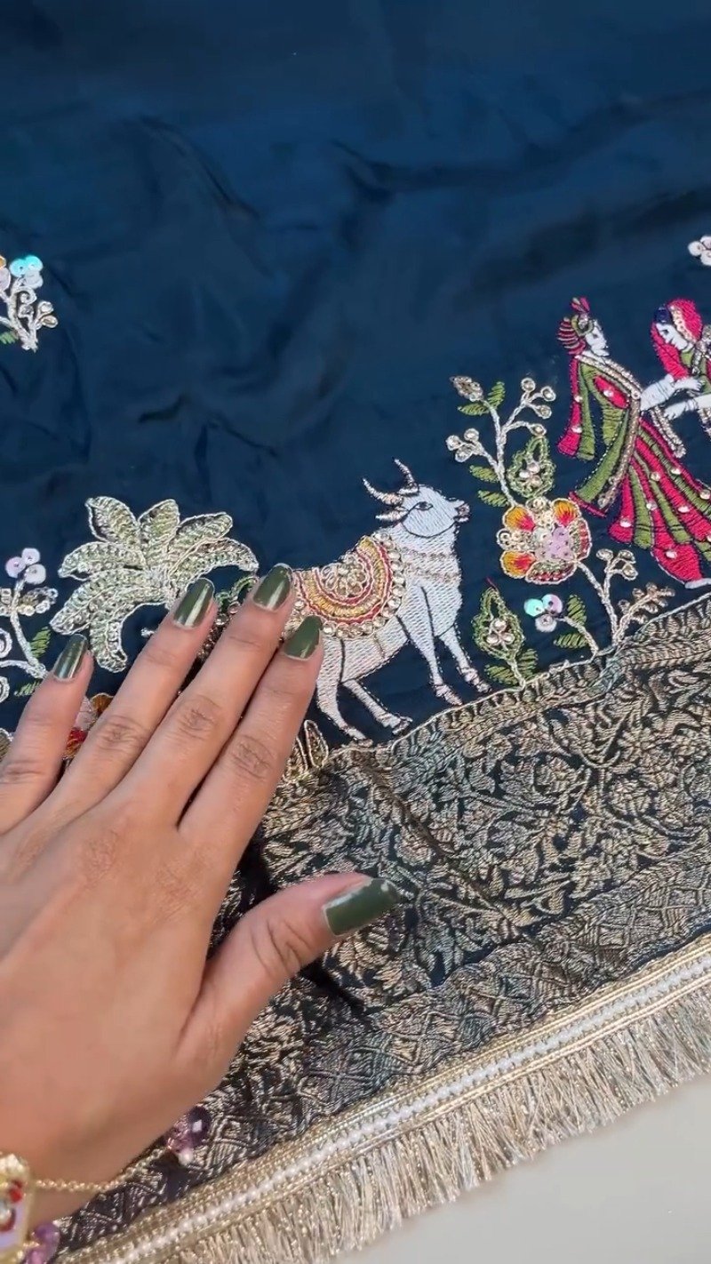 Divine Pichwai Embroidered Midnight Silk Lehenga Set – Available in Midnight Blue & Sky Blue - Image 5