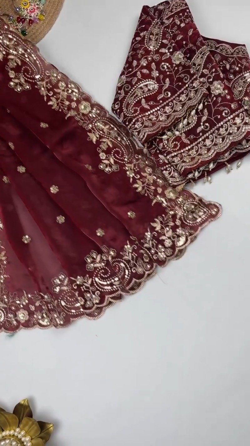 Opulent Scalloped Embellished Saree with Matching Embroidered Blouse – Available in Maroon, Deep Plum, Slate Grey & Teal