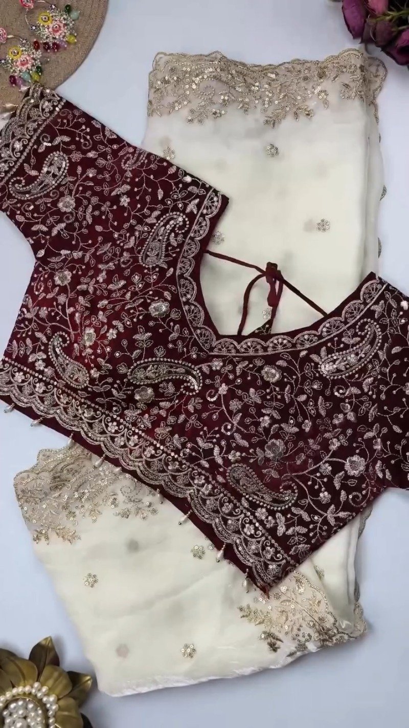 Opulent Scalloped Embellished Saree with Matching Embroidered Blouse – Available in Maroon, Deep Plum, Slate Grey & Teal - Image 2