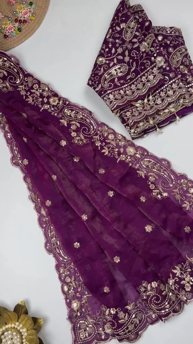 Opulent Scalloped Embellished Saree with Matching Embroidered Blouse – Available in Maroon, Deep Plum, Slate Grey & Teal - Image 4