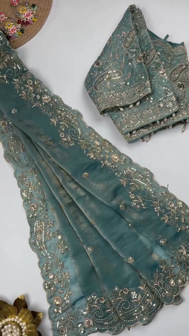 Opulent Scalloped Embellished Saree with Matching Embroidered Blouse – Available in Maroon, Deep Plum, Slate Grey & Teal - Image 5