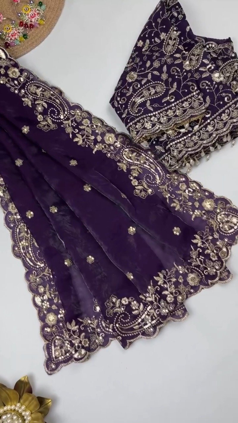 Opulent Scalloped Embellished Saree with Matching Embroidered Blouse – Available in Maroon, Deep Plum, Slate Grey & Teal - Image 6