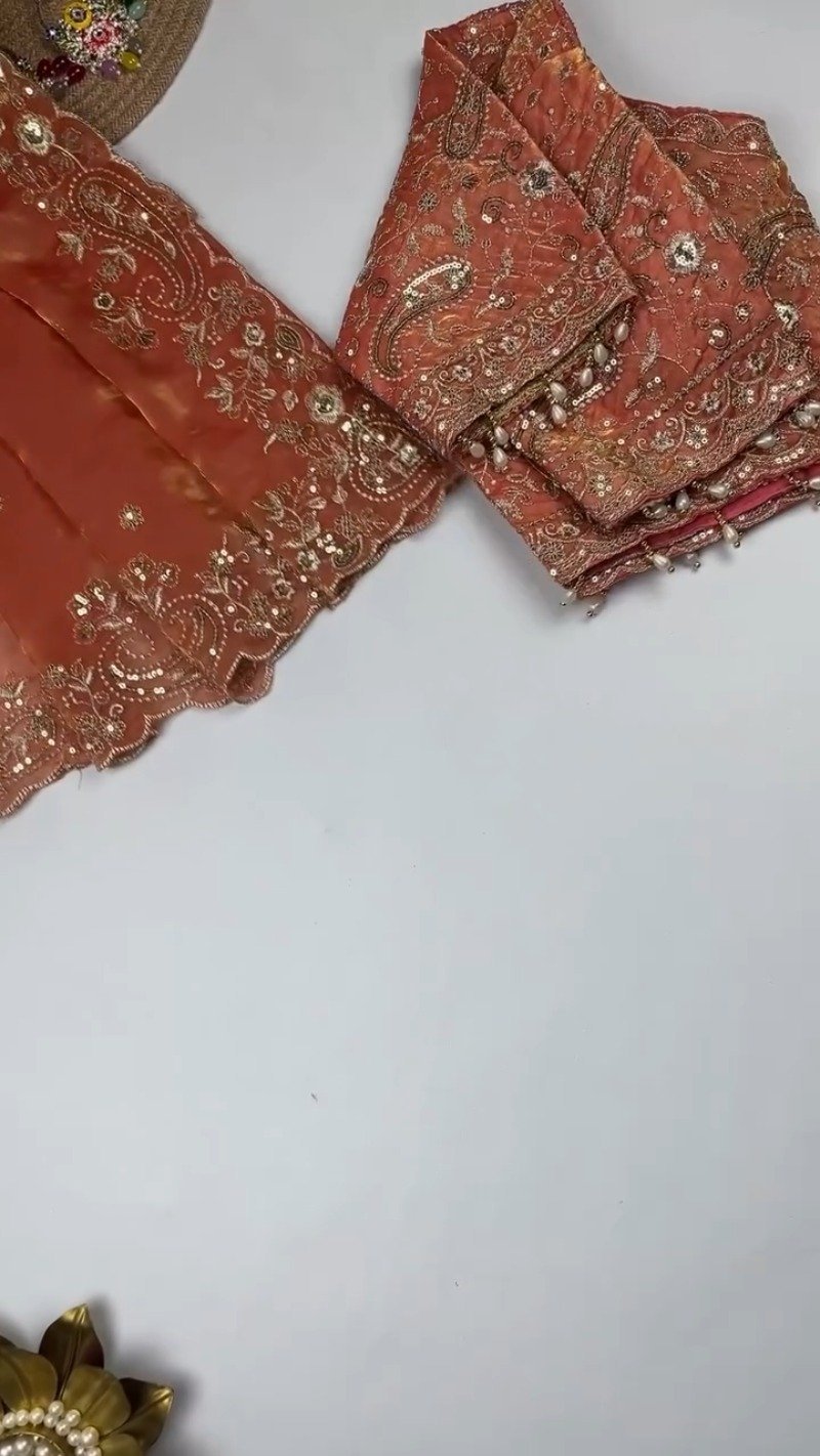 Opulent Scalloped Embellished Saree with Matching Embroidered Blouse – Available in Maroon, Deep Plum, Slate Grey & Teal - Image 7