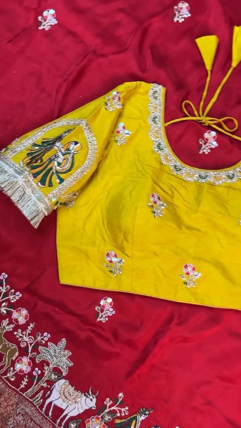Krishna Motif Embellished Raw Silk Saree Ensemble – Available in Yellow & Red