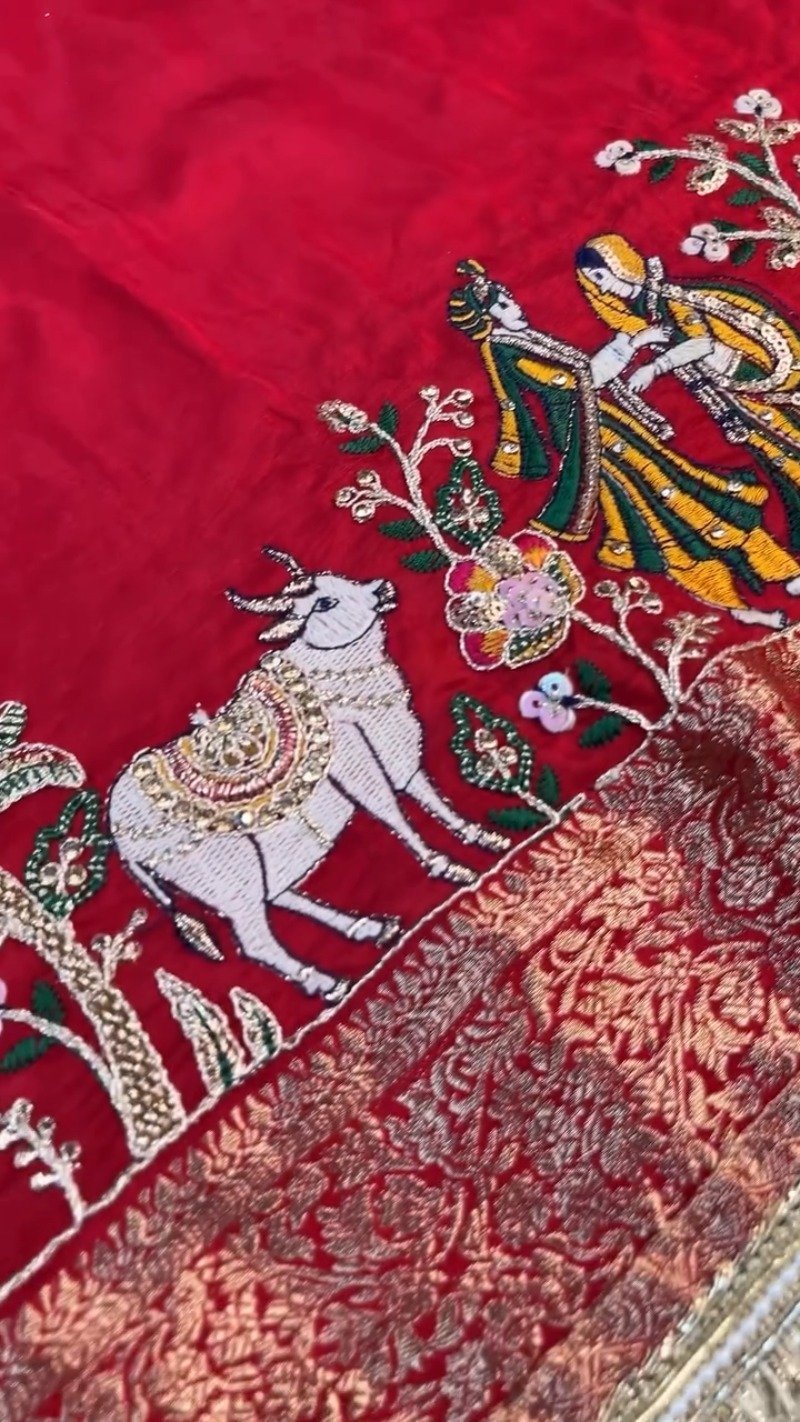 Krishna Motif Embellished Raw Silk Saree Ensemble – Available in Yellow & Red - Image 4