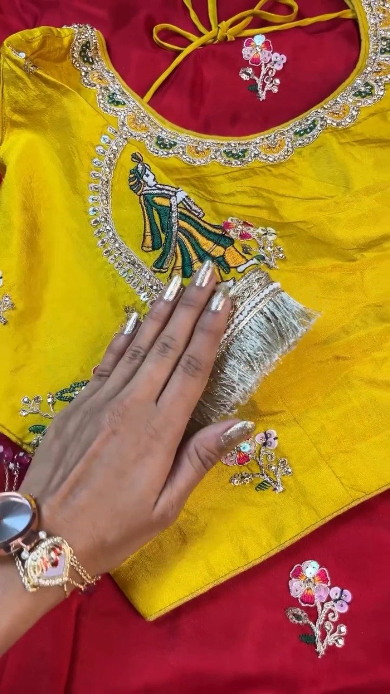 Krishna Motif Embellished Raw Silk Saree Ensemble – Available in Yellow & Red - Image 5