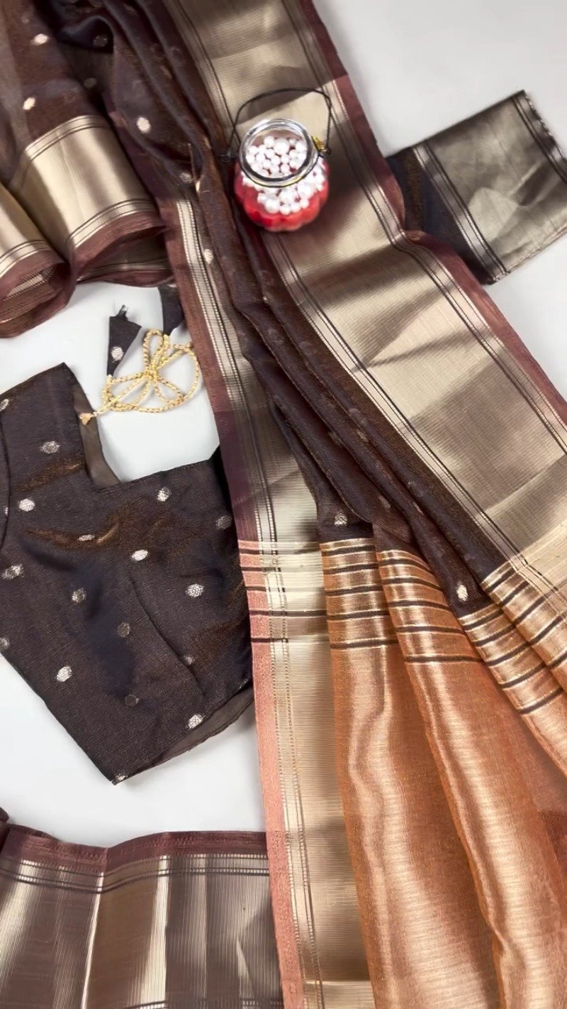 Chocolate Brown Lustrous Silk Saree with Polka Dot Blouse – Timeless Elegance in Every Drape