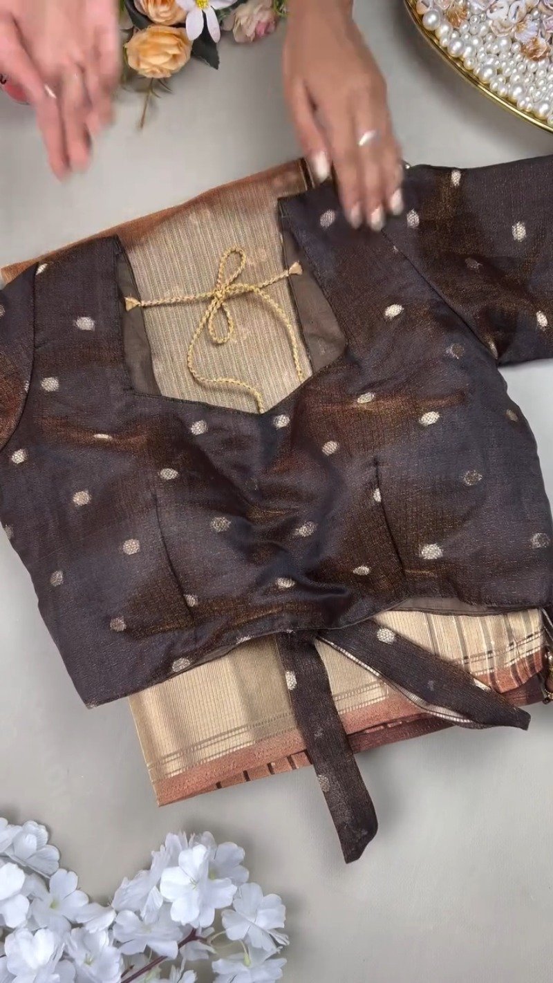 Chocolate Brown Lustrous Silk Saree with Polka Dot Blouse – Timeless Elegance in Every Drape - Image 3