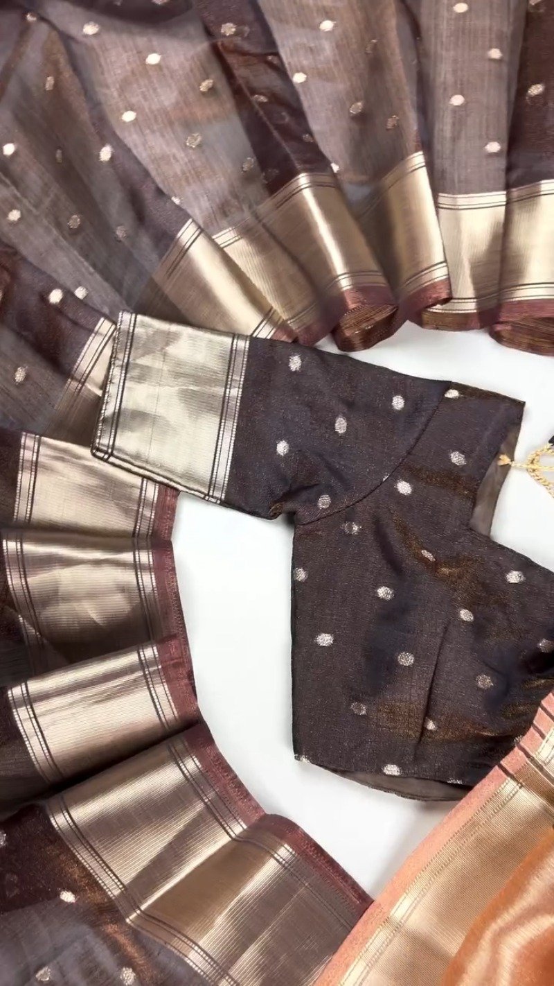 Chocolate Brown Lustrous Silk Saree with Polka Dot Blouse – Timeless Elegance in Every Drape - Image 6