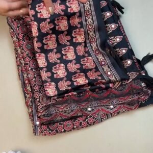 Black Elephant Motif Printed Cotton Suit Set with Mirror Work Accents