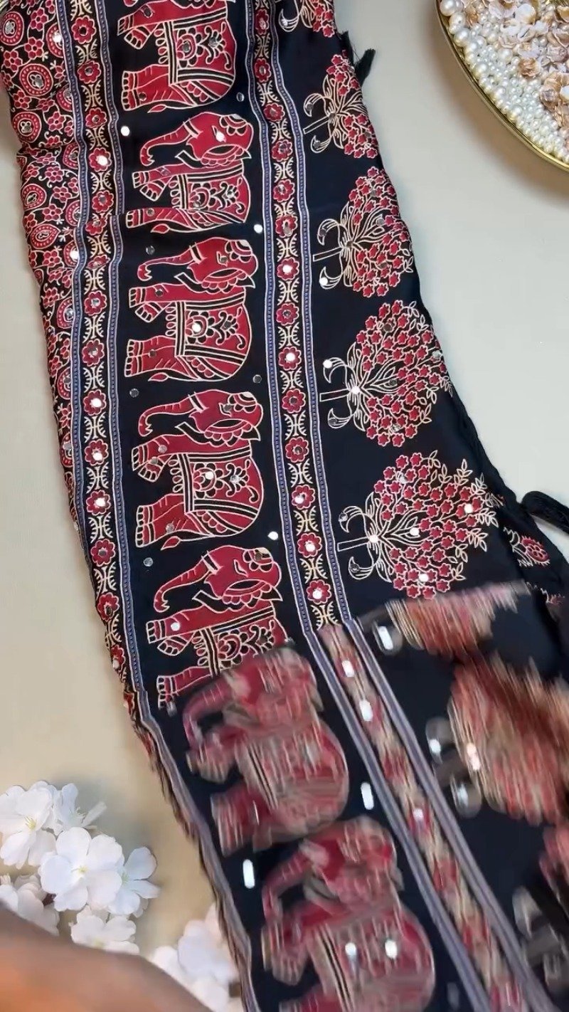 Black Elephant Motif Printed Cotton Suit Set with Mirror Work Accents - Image 2